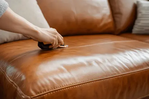 Hand reinigt ein braunes Ledersofa mit einem speziellen Werkzeug, um es wieder wie neu aussehen zu lassen.