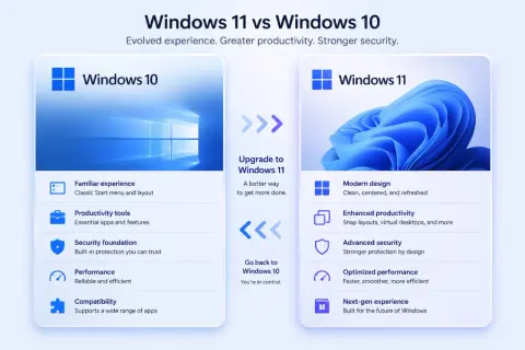 Comparativa visual de Windows 11 vs Windows 10, destacando diseño moderno, productividad y seguridad mejorada en la nueva versión.