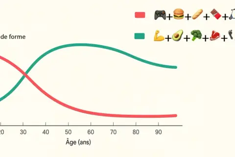 Courbes montrant le niveau de forme : une déclinante (junk food, sédentarité) et une ascendante (sport, alimentation saine), illustrant le fractionné après 60 ans.