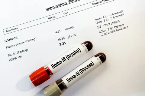 Wyniki badań HOMA-IR wskazują na przekroczenie norm. Dwa probówki z próbkami krwi do analizy HOMA-IR (Insulin) i HOMA-IR (Glucose).