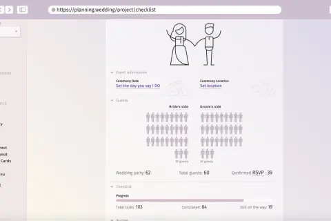 Strona z narzędziami do planowania ślubu. Widoczna jest lista zadań organizacja wesela, postęp prac i liczba gości.