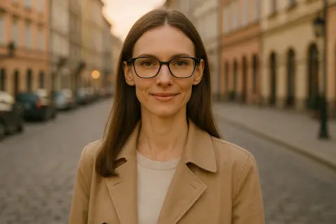 Kobieta w okularach i beżowym płaszczu stoi na ulicy.