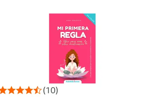 Libro "Mi primera regla" para niñas de 11 años. Ilustración de una niña en flor de loto. Guía sobre la pubertad.
