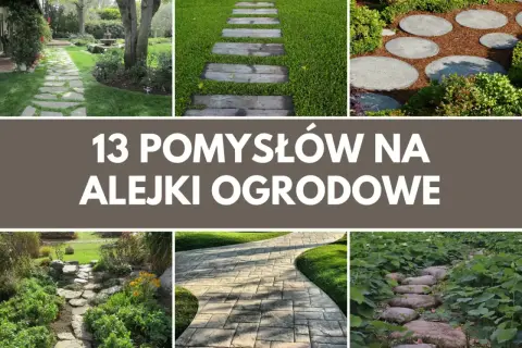Inspirujące pomysły na alejki w ogrodzie: kamienne ścieżki, drewniane stopnie, okrągłe płyty i kamienie w wodzie.