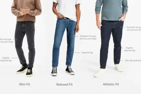 Tre modelli mostrano il **slim fit significato**: jeans aderenti, rilassati e atletici, con dettagli sulle gambe.