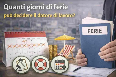 Calendario con giorni segnati, fascicolo "FERIE", salvagente e icone legali: tutto per le ferie e le categorie protette.