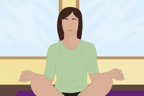 Persona meditando en posición de loto, con los ojos cerrados y las manos en mudra, buscando conectar con el yo superior.