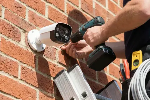 Installation d'une caméra de surveillance. Le **cctv signification** est la sécurité. Un technicien utilise une perceuse pour fixer la caméra sur un mur de briques.