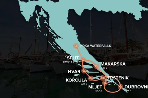 Route einer Kroatien Rundreise 10 Tage: Split, Krka Wasserfälle, Makarska, Trstenik, Mljet, Dubrovnik, Korcula, Hvar.