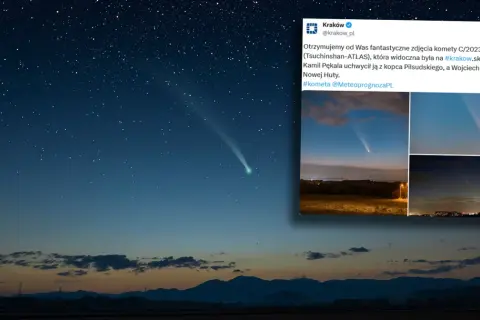 Jasne, gwiaździste niebo nad Krakowem, z widoczną na nim zielonkawą kometą. W prawym górnym rogu tweet z #krakow.skim niebem.