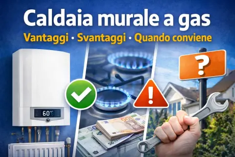 Caldaie a gas vietate? Valuta vantaggi, svantaggi e quando conviene. Immagine con caldaia, fornelli, soldi e chiave inglese.