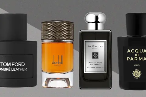 Cztery flakony perfum: Tom Ford Ombré Leather, Dunhill, Jo Malone i Acqua di Parma.