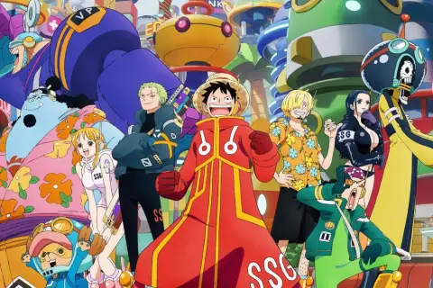 Die Strohhutpiraten in bunten Outfits vor futuristischer Kulisse. Wer fragt sich, wie viele Folgen One Piece hat, wird hier fündig!