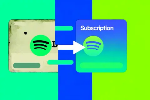 Stary plan Spotify przechodzi w nowy plan "Subscription" za pomocą białej strzałki.