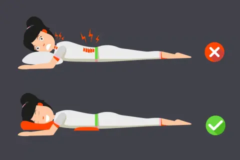 Top image shows pain from sleeping on your stomach. Bottom image shows proper posture with a pillow under hips, avoiding pain.
