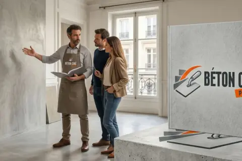 Un expert présente le béton ciré à un couple. Découvrez le prix du béton ciré au m² pour vos projets.