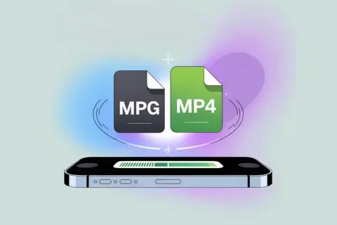 MPG vs MP4 file icons hover over a smartphone, suggesting conversion or transfer.