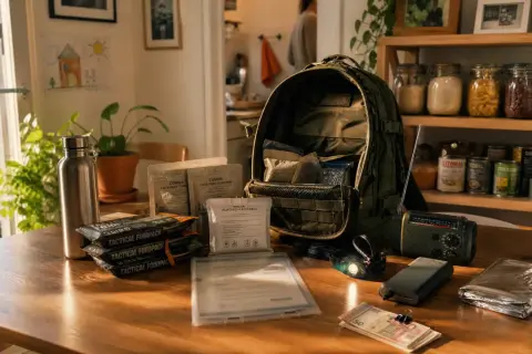 Mochila con comida, botella, linterna, radio y dinero. Preparativos para aplicar técnicas de supervivencia.