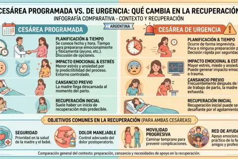 Infografía compara cesárea programada y de urgencia, destacando planificación, impacto emocional y recuperación. La cesárea programada ofrece más preparación.