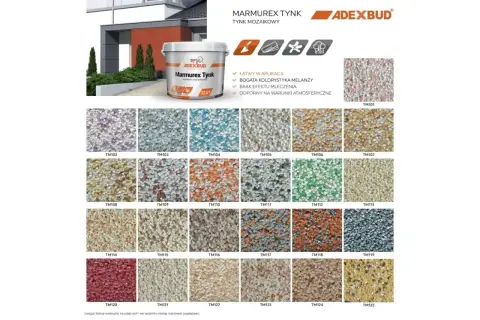 Wydajność tynku mozaikowego 25 kg na ok. 3-4 m². Wzornik kolorów Marmurex Tynk Adexbud.