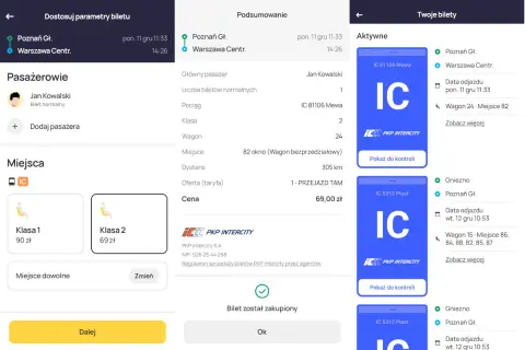 Aplikacja PKP Intercity pokazuje, jak czytać bilet: trasę Poznań-Warszawa, pasażera, wagon 24, miejsce 82, cenę 69 zł.