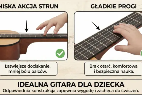 Dziecięca gitara z niską akcją strun i gładkimi progami ułatwia naukę gry na gitarze dla dzieci, zapewniając komfort i brak bólu palców.
