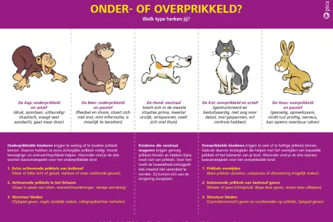 Illustraties van dieren die onder- of overprikkeld gedrag tonen, met uitleg over hoe je deze kinderen kunt helpen.