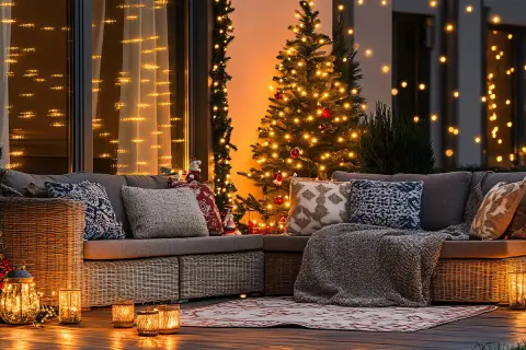 Un angolo accogliente per scoprire come addobbare fuori casa per Natale: divano, albero illuminato, lanterne e luci soffuse creano un'atmosfera magica.