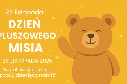 Uśmiechnięty pluszowy miś macha łapką na żółtym tle z napisem "Dzień Pluszowego Misia".