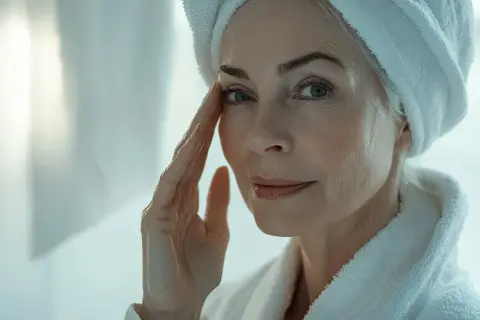Donna con asciugamano in testa e accappatoio, si tocca il viso. Scopri come struccarsi senza struccante per una pelle radiosa.