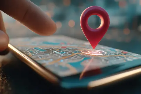 Palec wskazuje na mapę na ekranie telefonu, gdzie czerwony pinezka symbolizuje lokalizację. Dowiedz się, jak włączyć lokalizację w telefonie.