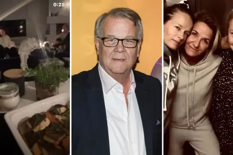 En bild med tre delar: en mysig hemmakväll, en man i kostym och tre leende kvinnor. Kanske en bild på maria berghagen enander med vänner?