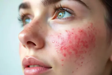 Gros plan sur le visage d'une jeune femme aux yeux verts, montrant une rougeur et des boutons sur la joue. Des conseils pour comment soigner une irritation cutanée sont recherchés.