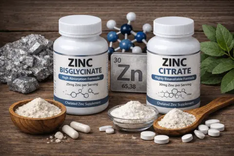 Zwei Zinkpräparate, Zink Bisglycinat und Zinkcitrat, mit Pulver und Pillen. Die zinkcitrat wirkung wird durch die hohe Bioverfügbarkeit betont.