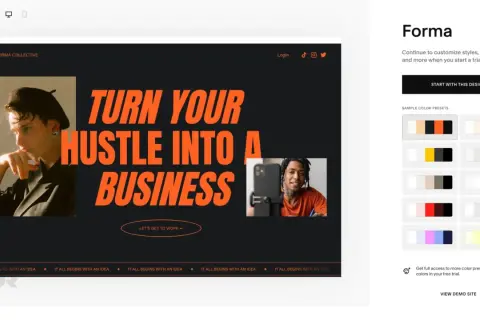 Forma Collective's website template, a great option for the best website for musicians, features bold text and modern imagery.