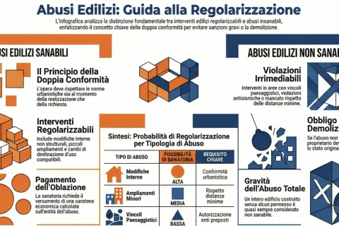 Infografica su abusi edilizi: distingue tra sanabili e non sanabili, evidenziando violazioni irrimediabili e l'obbligo di demolizione per **abusi edilizi non sanabili**.