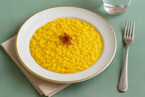 Cremiges, gelbes Risotto Milanese, garniert mit Safranfäden, auf einem weißen Teller mit goldenem Rand. Daneben eine Gabel und ein Glas Wasser.
