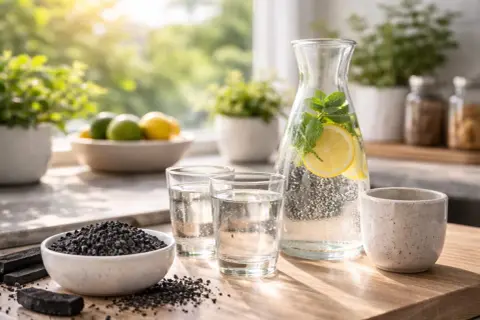 En skål med kolfilter-granulat bredvid glas med vatten och en karaff med citronvatten.