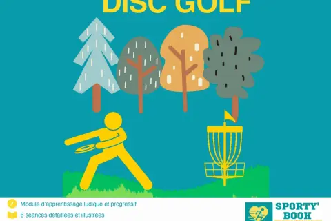 Un joueur lance un frisbee dans un panier de disc golf, entouré d'arbres stylisés. Le texte indique "DISC GOLF".