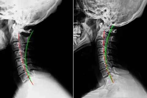 Radiografie cervicali che mostrano una lordosi cervicale ridotta, potenziale causa di vertigini.