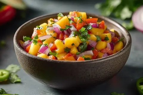 En skål med färgglad mango salsa, full av söta mangobitar, rödlök och koriander. Perfekt till grillat!