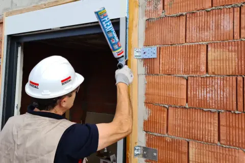 Un trabajador aplica espuma expansiva, que contiene diisocianatos, para sellar un marco de ventana en una pared de ladrillos.
