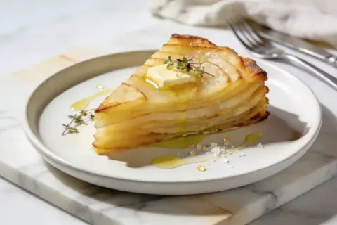En skiva gyllene pommes anna, perfekt skiktad, toppad med smör och örter. En utsökt potatisdelikatess.