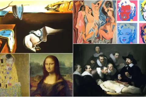 Kolaż słynnych obrazów: rozpływające się zegary Dalego, "Panny z Awinionu" Picassa, Marilyn Monroe Andy'ego Warhola, "Pocałunek" Klimta, Mona Lisa da Vinci i "Lekcja anatomii doktora Tulpa" Rembrandta. Jak znaleźć malarza obrazu?