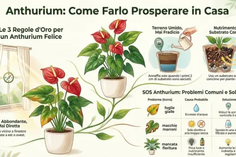 Guida su come coltivare l'Anthurium in casa: luce, acqua e substrato ideali per una pianta rigogliosa.