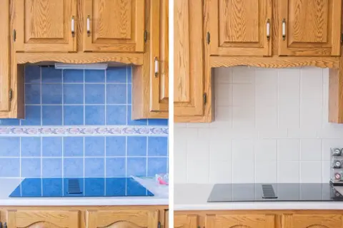 Prima e dopo: come coprire le piastrelle della cucina con un nuovo rivestimento bianco.