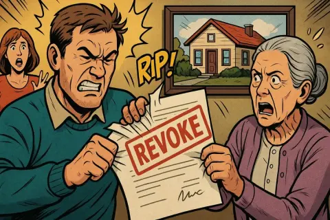 Famiglia in lite strappa un documento con la scritta "REVOKE", forse una revocatoria vendita tra parenti. Sullo sfondo, un quadro con una casa.