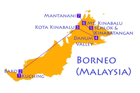 Reiseroute für Borneo Backpacking: Kuching, Bako, Danum Valley, Sepilok, Kinabatangan, Kota Kinabalu, Mt. Kinabalu, Mantanani.