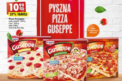 Trzy opakowania pizzy mrożonej Giuseppe: 4 sery, szynka i pieczarki, salami. Promocja 27% taniej.