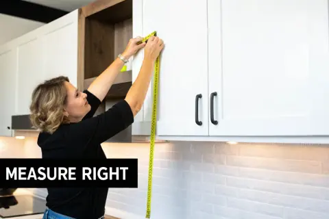 Woman demonstrating how to measure kitchen cabinets with a yellow tape measure. "Measure Right" text overlay.